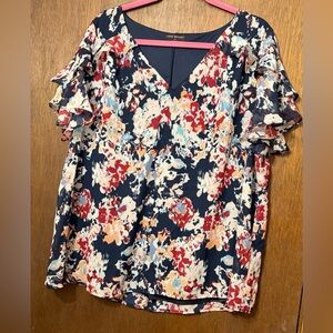 Lane Bryant Navy Floral Flutter Sleeve Blouse
